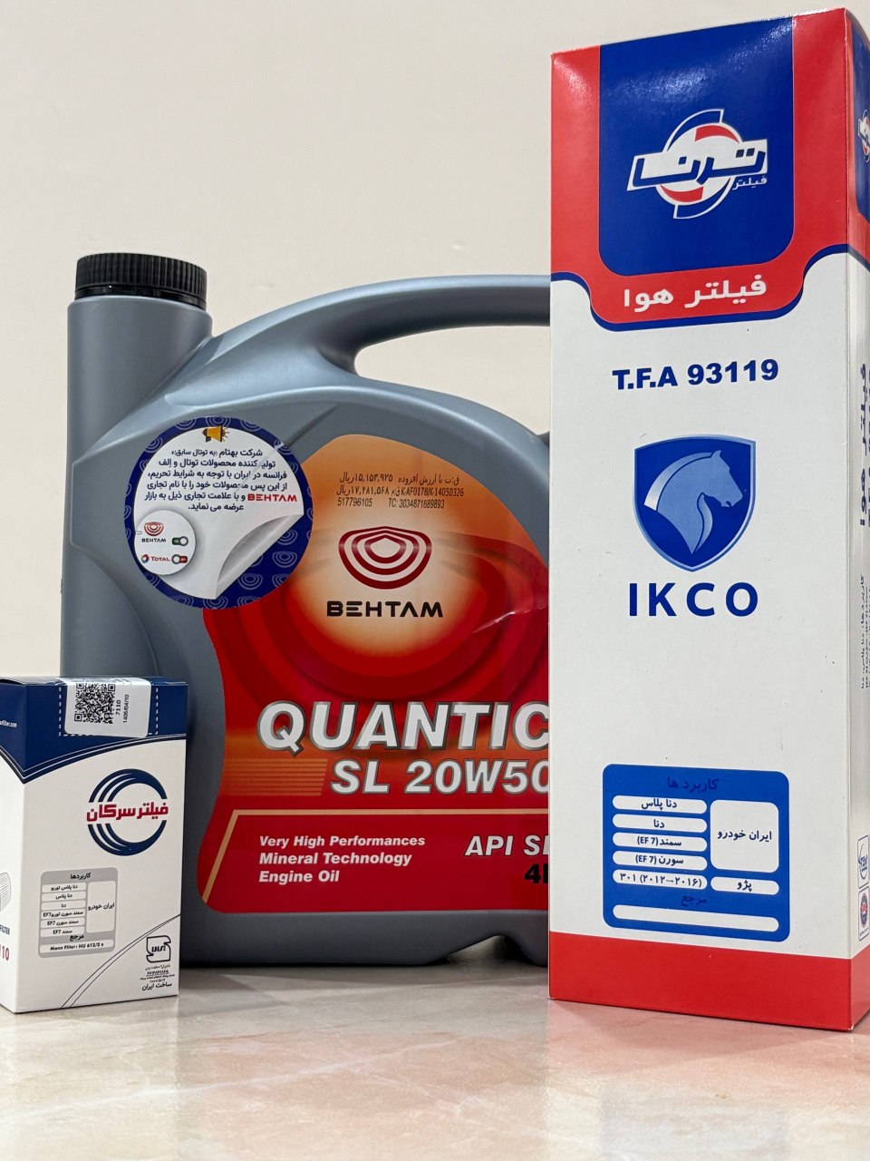 پکیج شامل روغن 4 لیتری 20W/50 بهتام روانکار , فیلتر روغن سرکان و فیلتر هوای ترنا
