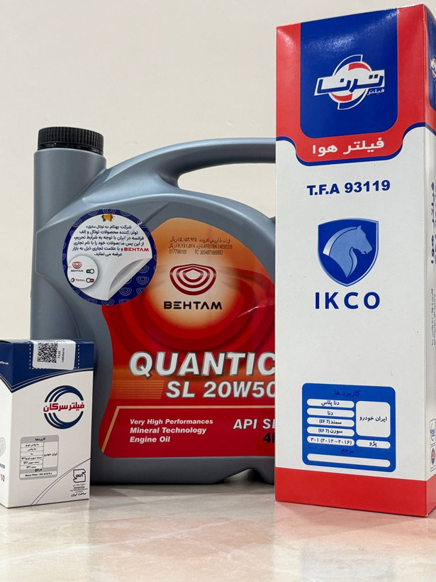 پکیج شامل روغن 4 لیتری 20W/50 بهتام روانکار , فیلتر روغن سرکان و فیلتر هوای ترنا